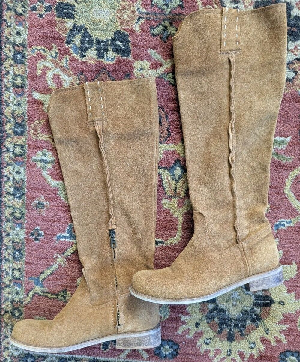 Sundance Catalog Tall Suede Riding Boots Tan Boho Western Prairie Italy 37 6.5 7